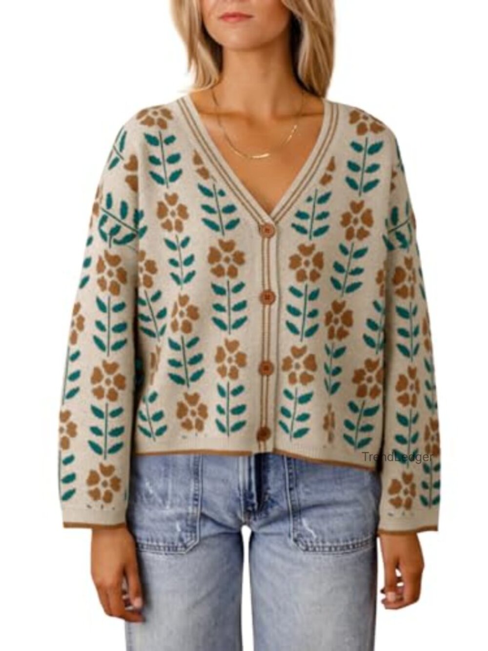 Women's Floral Print V-Neck Button Down Cardigan Sweater Long Sleeve Loose Knit